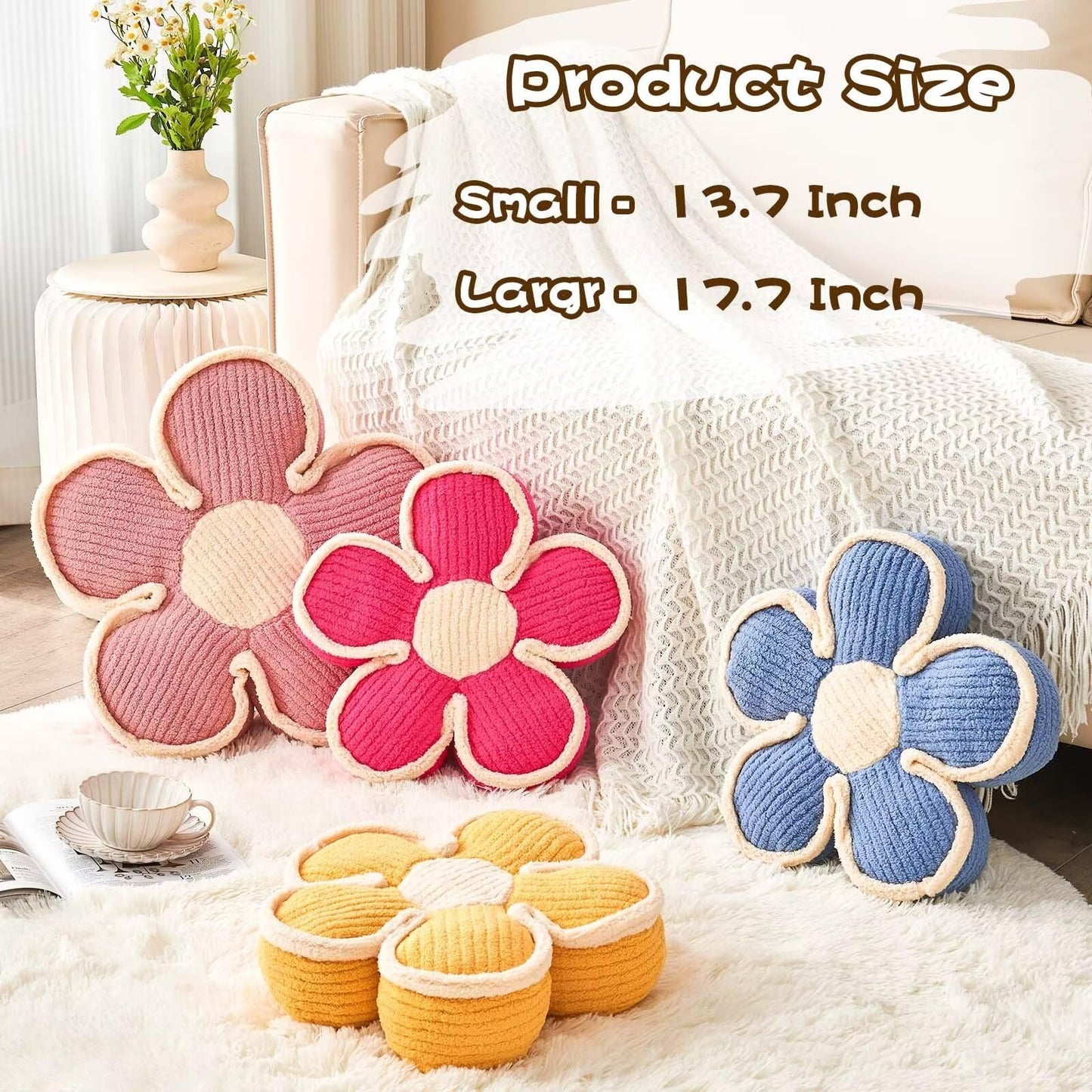Kcvvcr Flower Pillow, Soft Flower Shaped Floor Cushion, Flower Decorative Throw Pillow, Cute Flower Seating Cushion, Flower Room Décor Plush Pillows for Sofa Couch Bed (13.7 Inch, Pink)