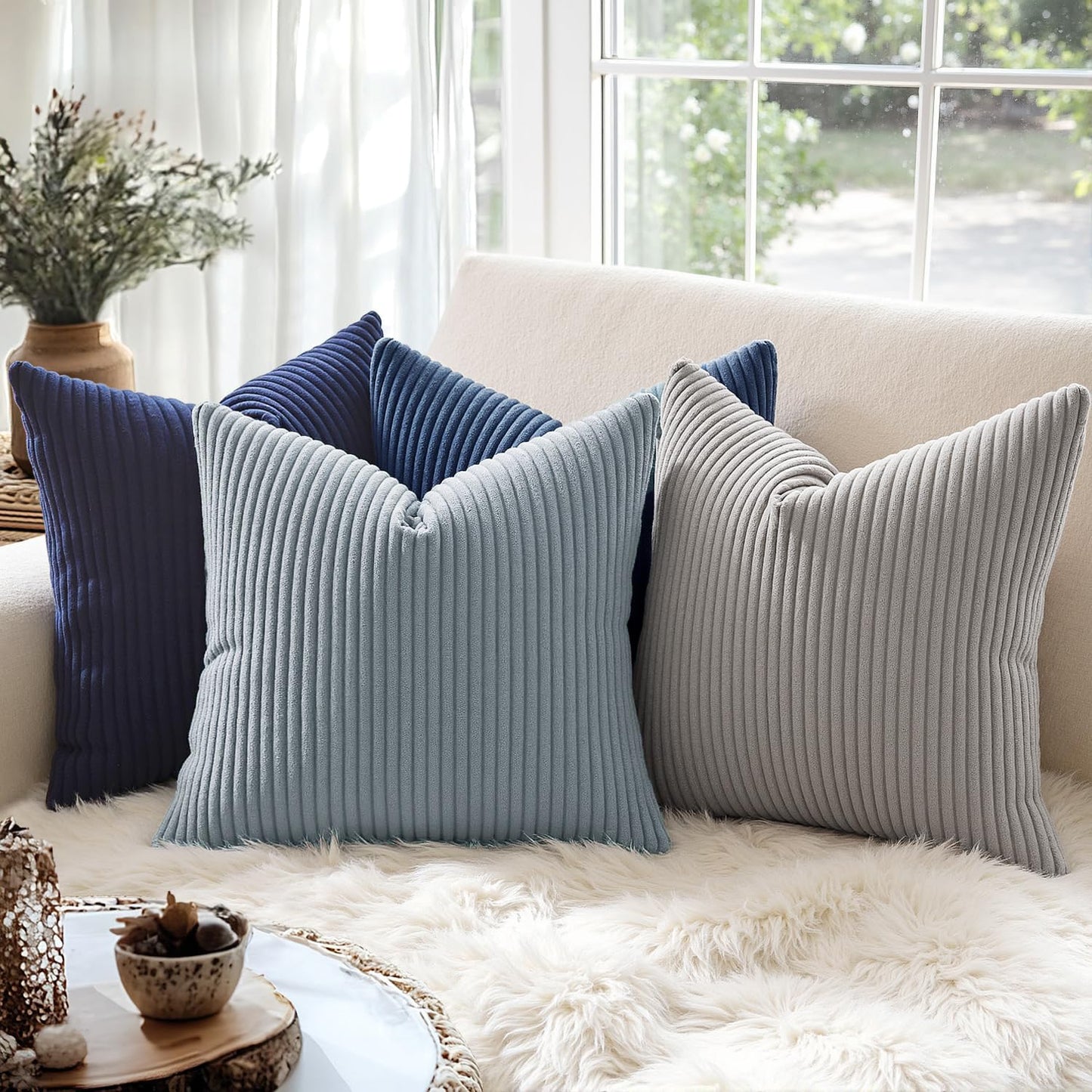 MIULEE Decorative Corduroy Pillow Covers Soft Solid Pack of 2 Cushion Cases Boho Square Throw Pillow Covers Dusty Blue Coastal Pillowcases for Couch Chair Sofa Bed Living Room Home Decor 18 x 18 Inch