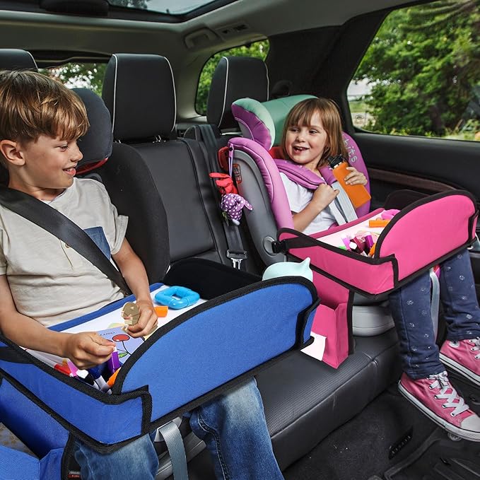WENRENER Kids Travel Tray for Car Seat, Toddler Road Trip Essentials With Drawing Kit, Travel Activities Must Haves (Navy Blue-2PCS)