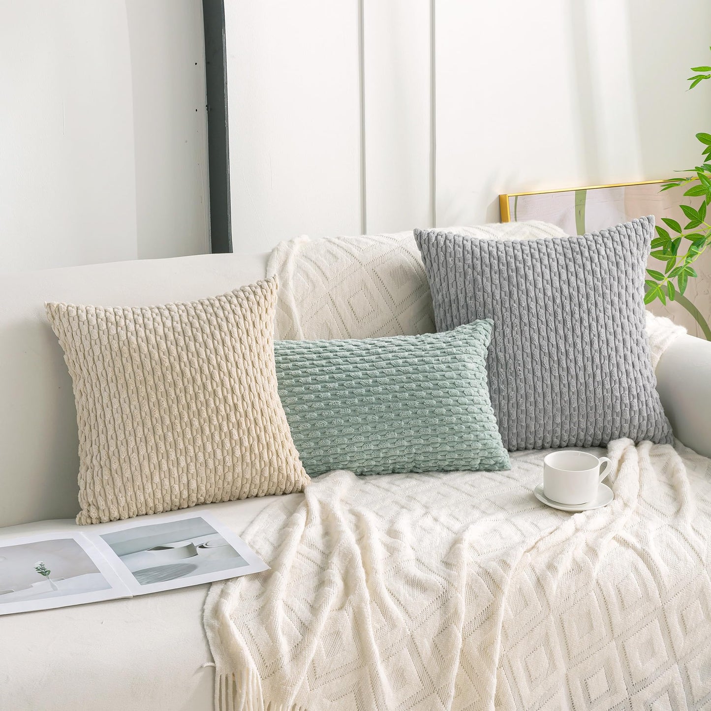 Cozoomy Set of 4 Yellow Rust Aqua Decorative Throw Pillow Covers 20x20 Inch Corduroy Pillow Covers for Bed Couch Sofa Living Room Soft Square Cushion Cases