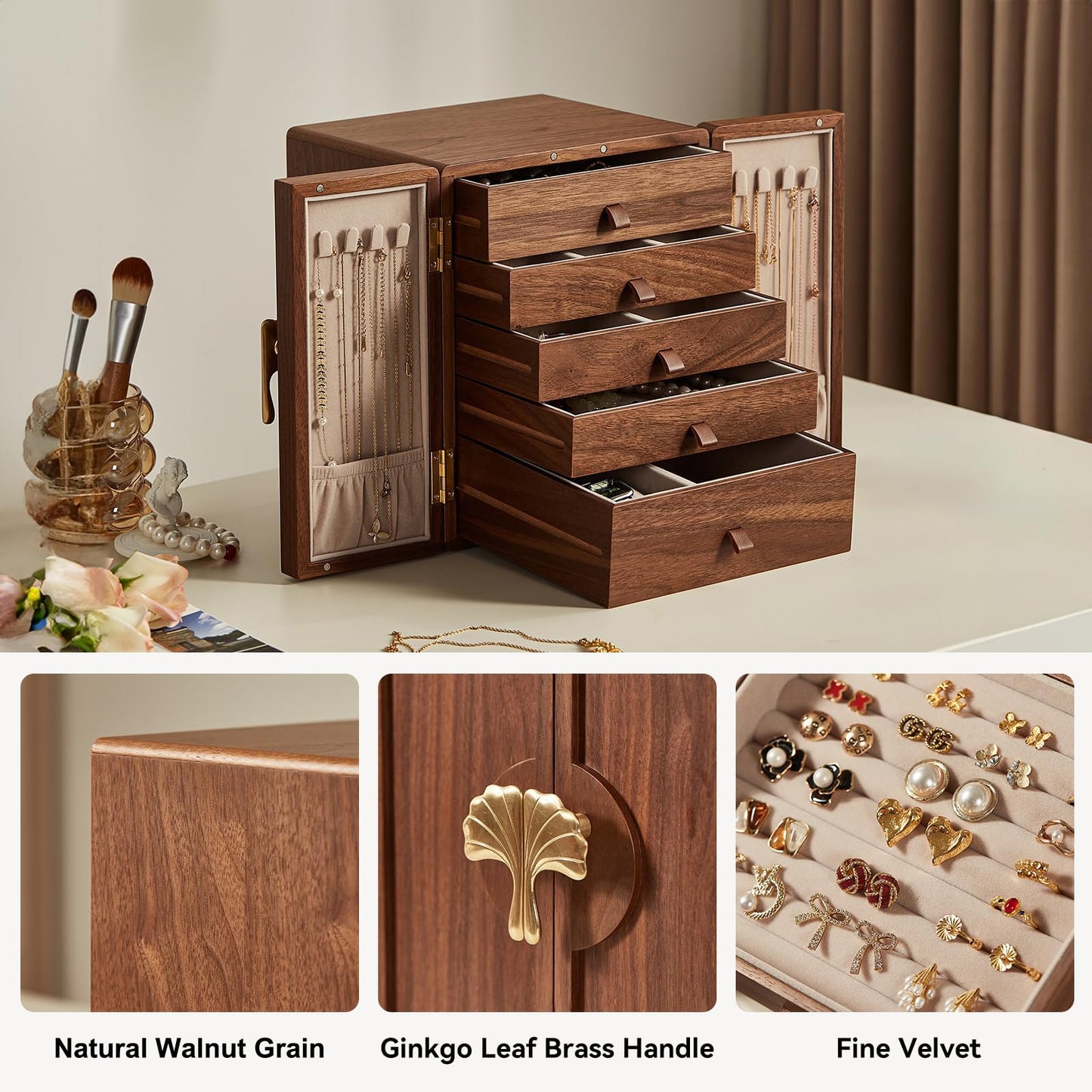 CHOSIN Black Walnut Wooden Jewelry Box 5 Layer Large Wood Jewelry Organizer Brass Handle for Necklaces Rings Earrings Watches Storage Monther, Ideal Gift for Her (7.9x8.7x10.0inches)