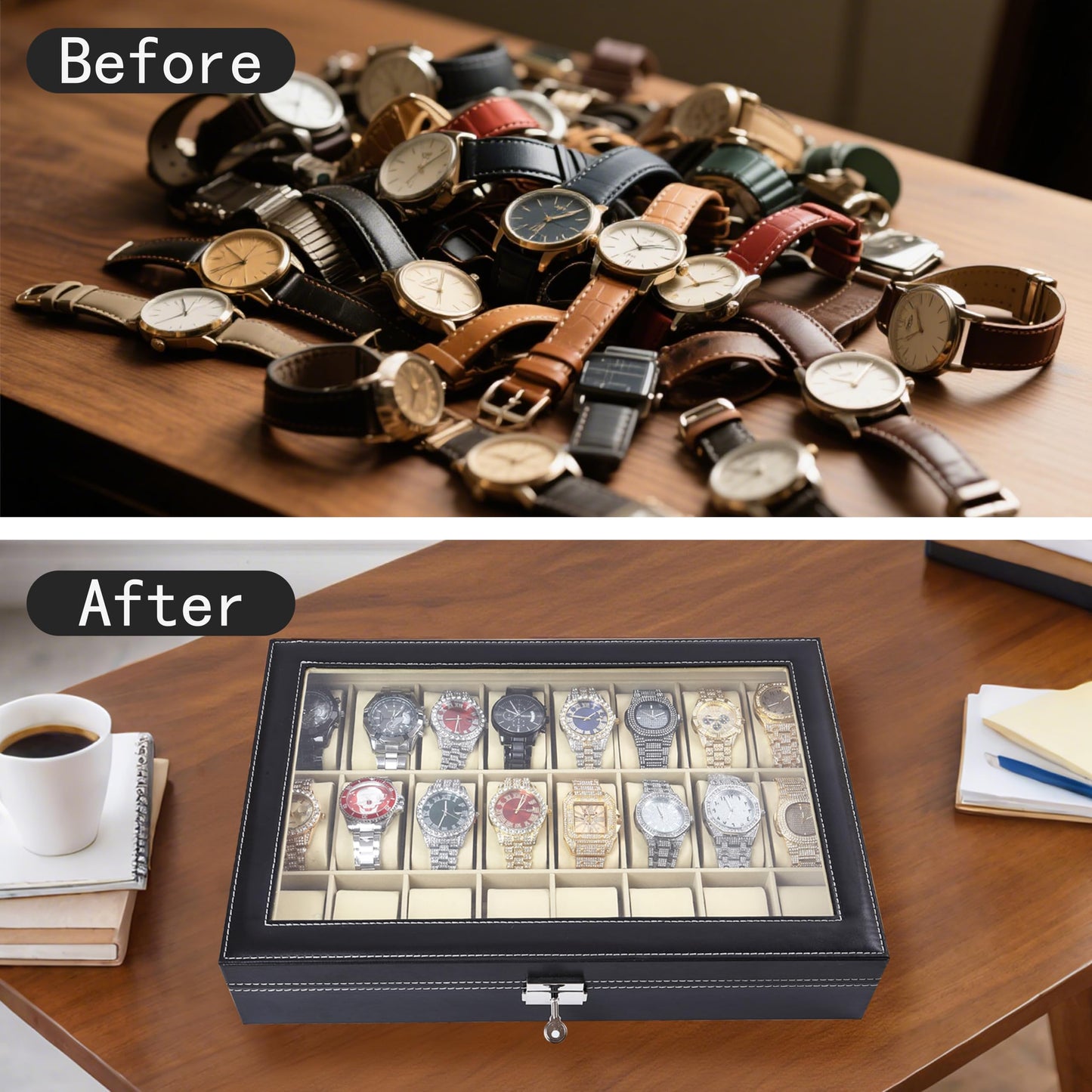 Baojulong 24-Slot Black PU Leather Watch Box, Watch Organizer with Clear Lid, Fits Various Watch Styles