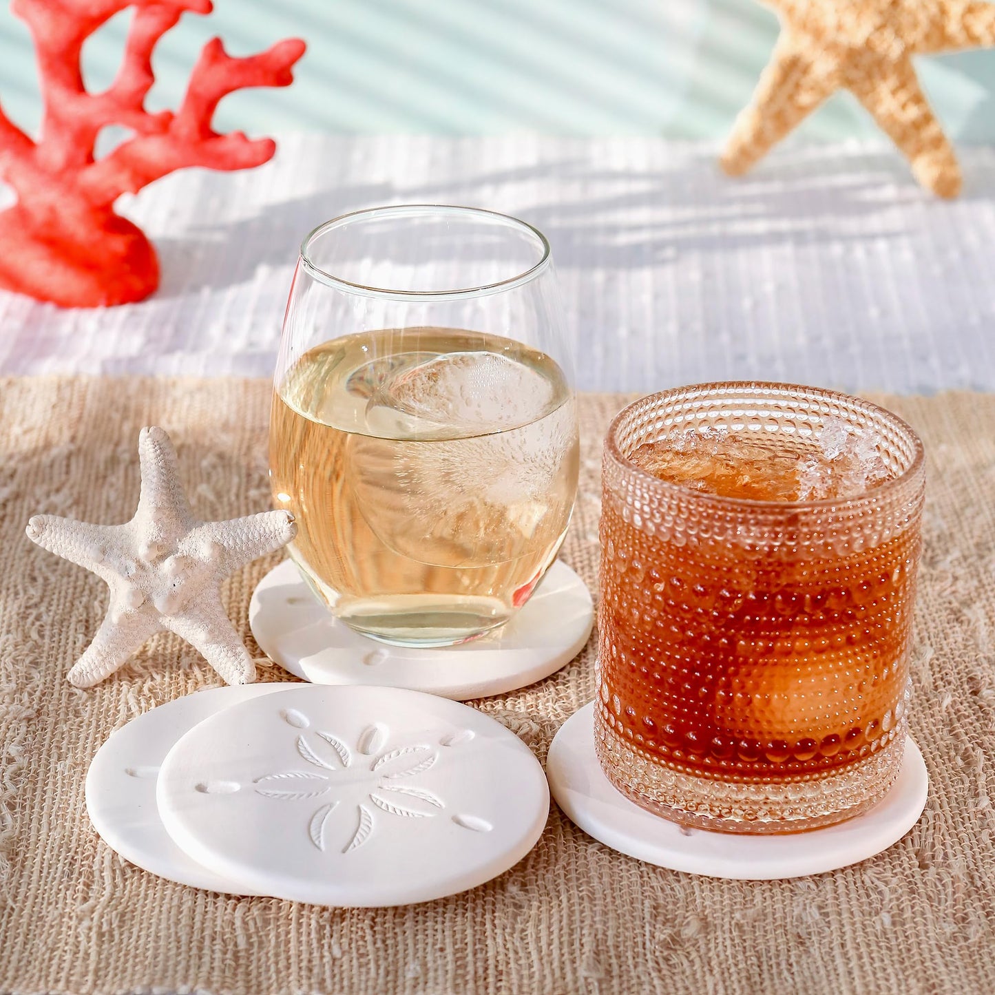 Kate Aspen Absorbent Sand Dollar Drink Coasters Set of 4– Coastal Decor, Nautical Home Decorations, Housewarming Gift, & Beach Themed Coasters for Drinks