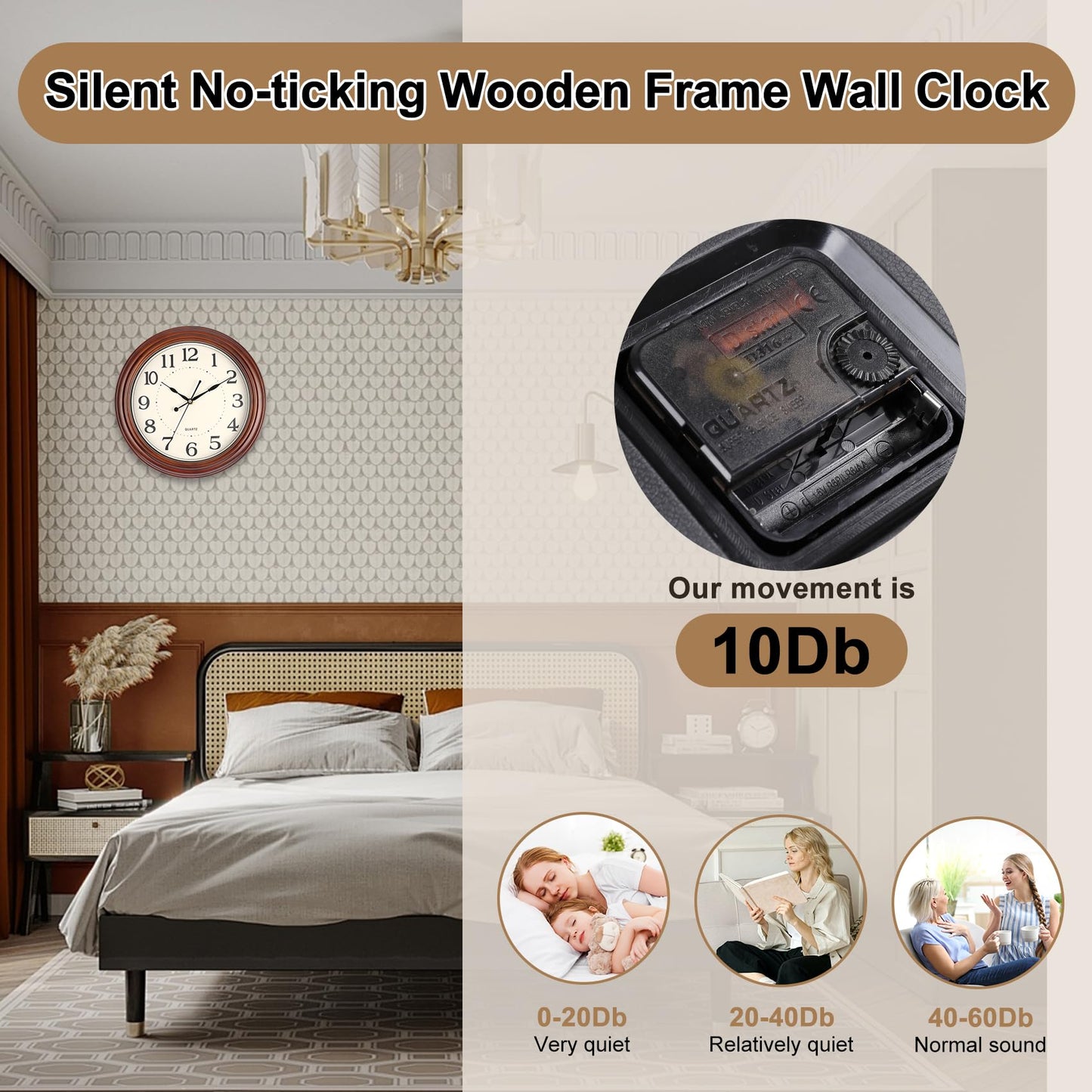 Vigorwise 12 Inch Wood Wall Clock, Retro Wooden Wall Clocks Battery Operated, Silent Wall Clock for Living Room Bedroom Housewarming Xmas New Year Present