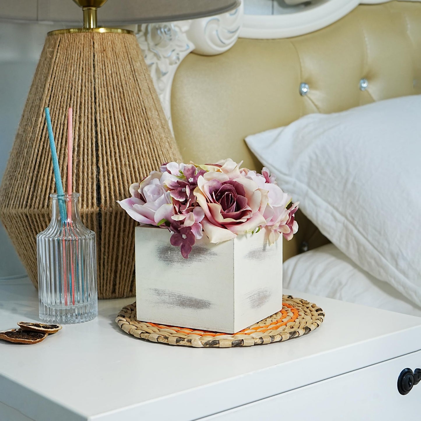 Jahe Aritsan Fake Roses with Wooden Vase, Artificial Flowers in Pot for Home Decor, Fake Flowers in Potted Floral Centerpieces for Tables Living Room Office Room Shelf Kitchen Decor, Light Pink