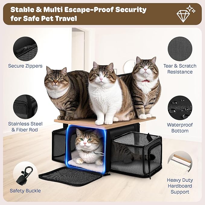Top and 2 Sides Expandable Cat Carrier 18x11x11, TSA Airline Approved Dog Carriers for Medium Dogs, Soft-Sided Pet Carrier with Self-Locking Zippers for Kitten,Rabbit, Puppy, Guinea Pig Black