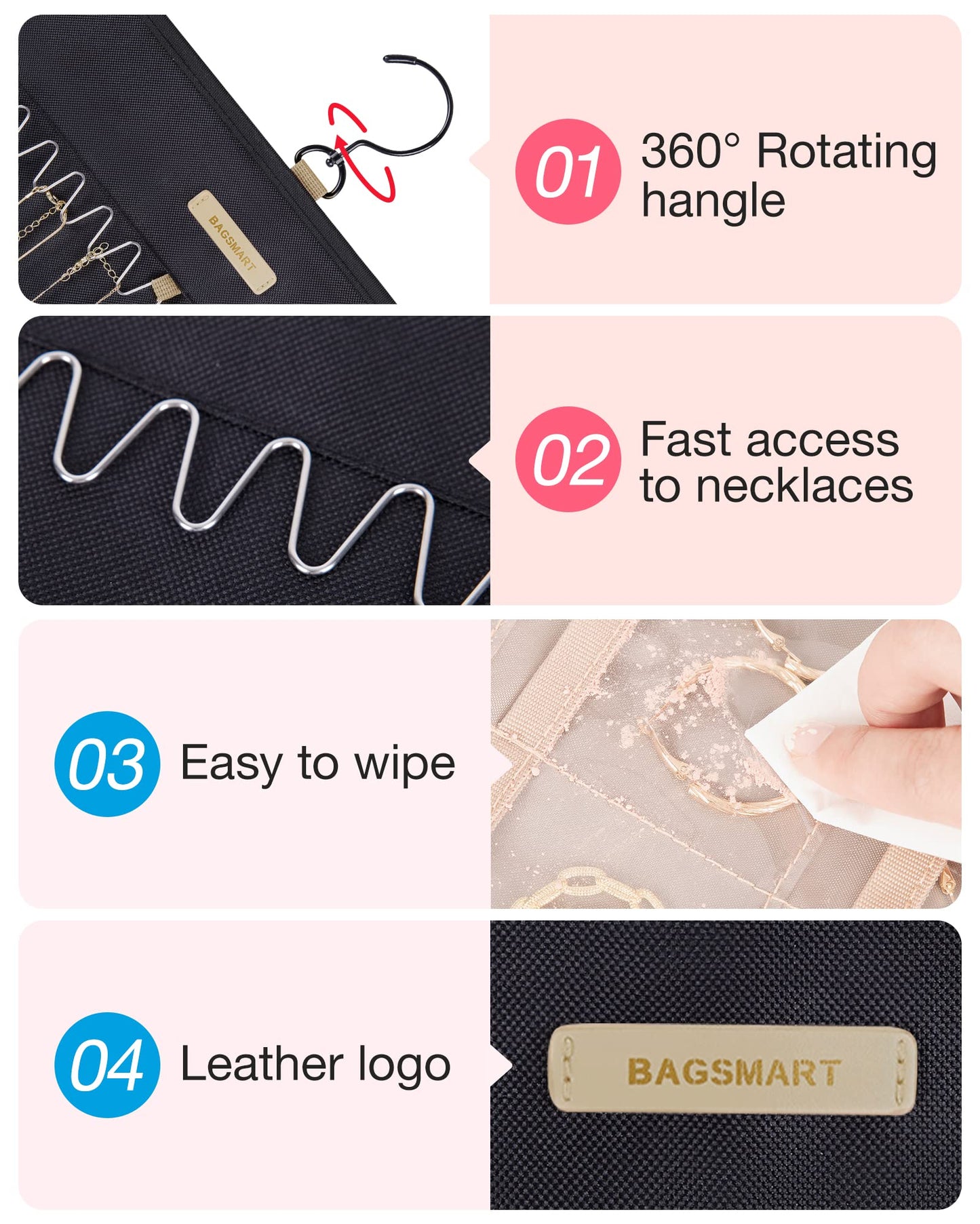 BAGSMART Hanging Jewelry Organizer Storage Roll with Hanger Metal Hooks Double-Sided Jewelry Holder for Earrings, Necklaces, Rings on Closet, Wall, Door, 1 piece, Extra Large, Black