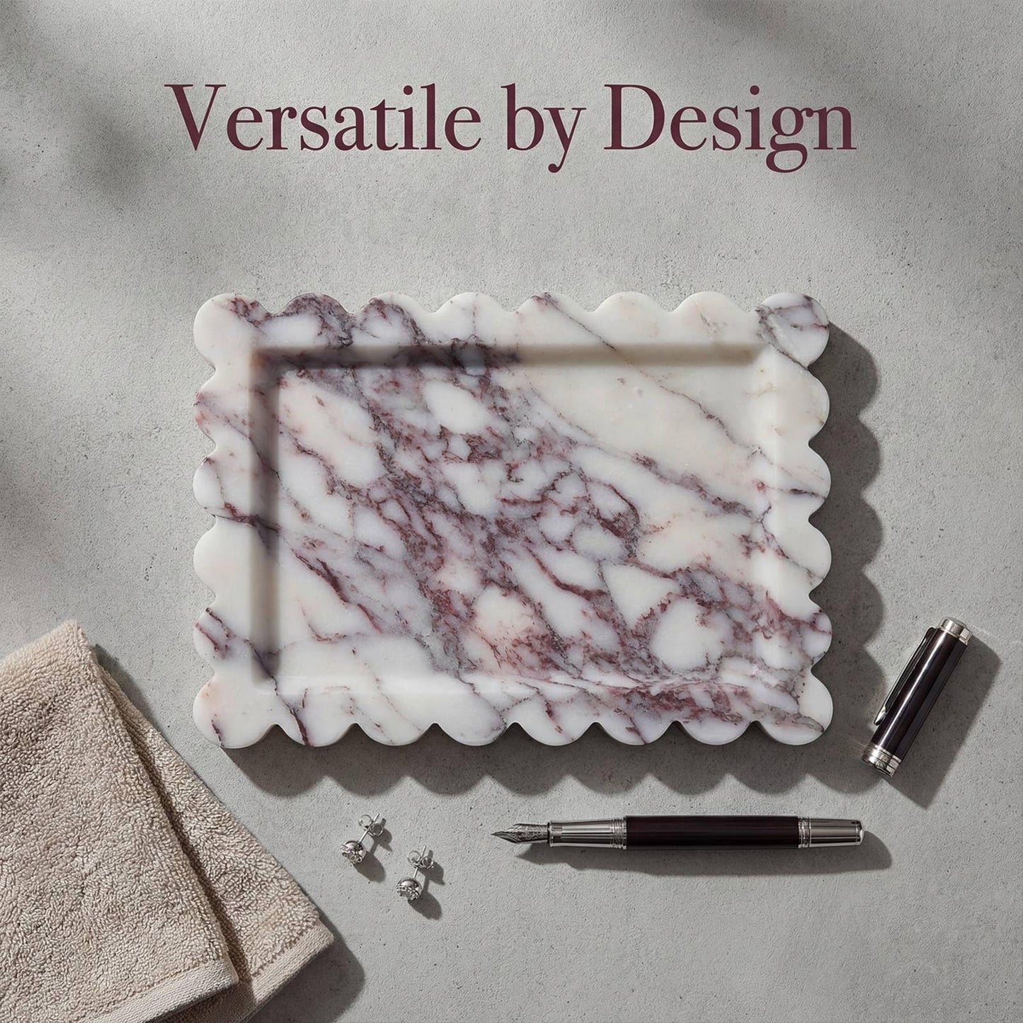 Calacatta Viola Scalloped Marble Tray, 11" x 8" Real Natural Marble Stone Tray, Luxury Decorative Tray for Bathroom, Kitchen Counter, Vanity, Dresser, Home Decor, Organizer for Jewelry & Cosmetics