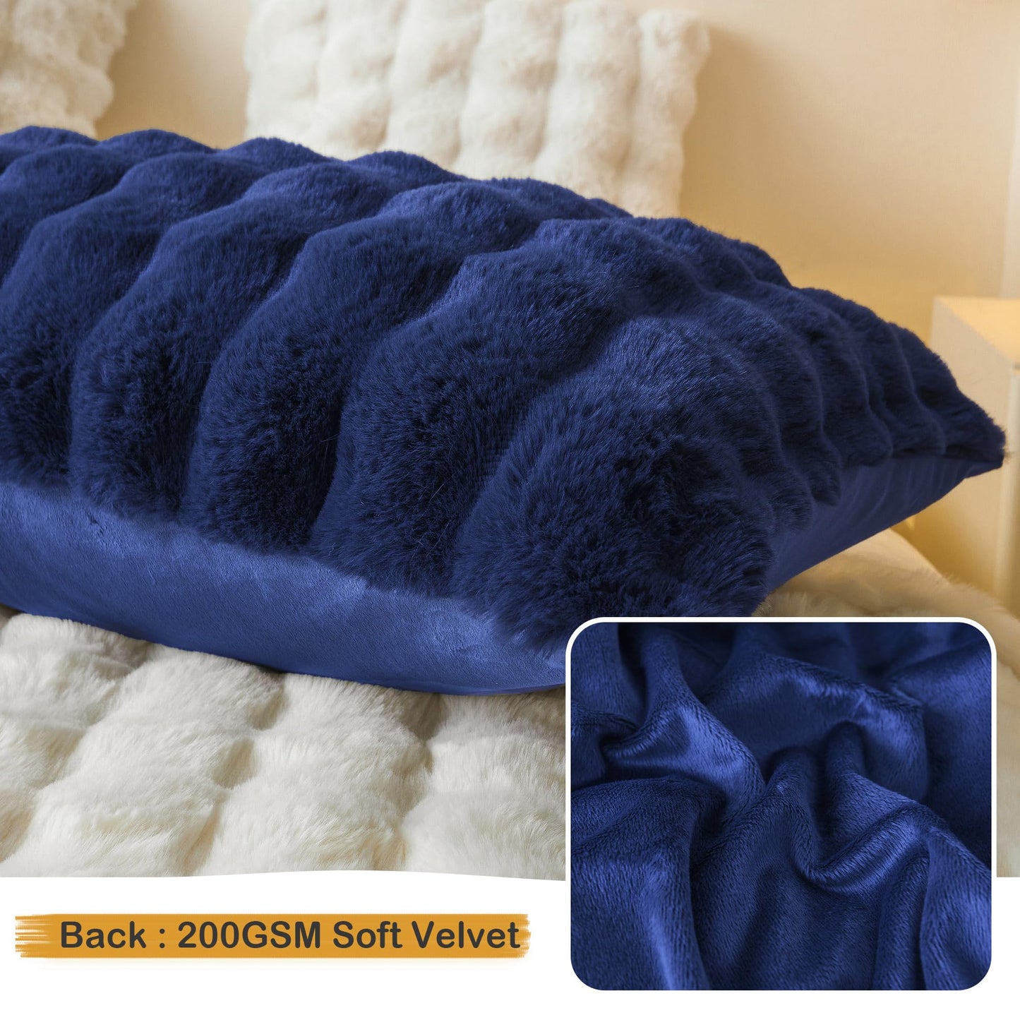 LIFEREVO 2 Pack Fluffy Faux Rabbit Fur Pillow Cases, Luxury Soft Plush Shaggy Bubble Pillowcases Standard Size with Zipper Closure, Furry Fuzzy Pillow Shams for Bedroom Living Room 20x26, Navy Blue
