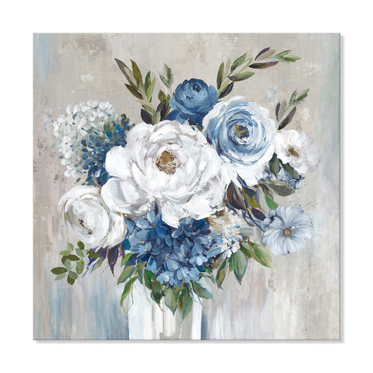 Goldfoilart Blue Flower Wall Art for Living Room White Floral Canvas Pictures Modern Paintings Framed Artwork for Bedroom Bathroom Dining Room Office Wall Decor 24" x 24"