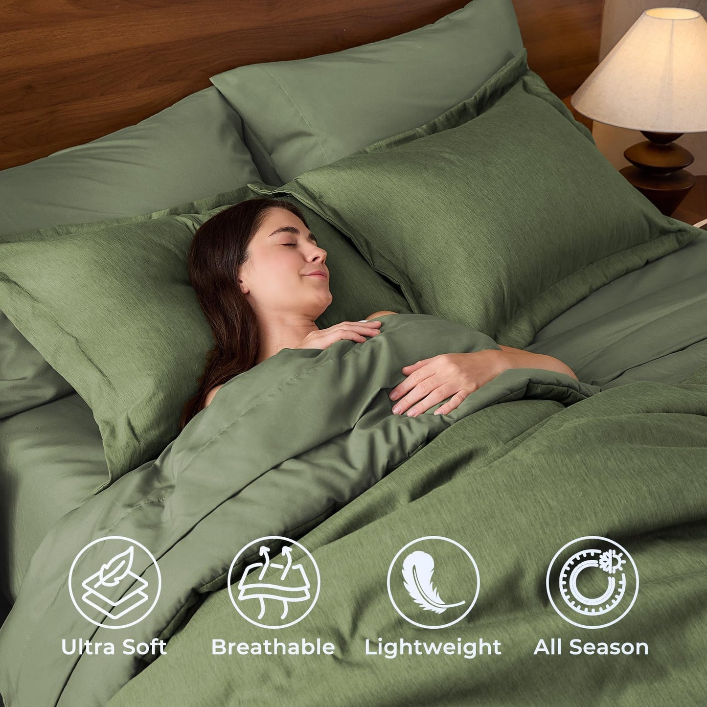 JOLLYVOGUE Queen Comforter Set Dark Green, Cationic Dyeing Bed in a Bag Queen 7 Pieces, Double-Tone Bedding Set with Down Alternative Comforter, Sheets, Pillowcases & Shams