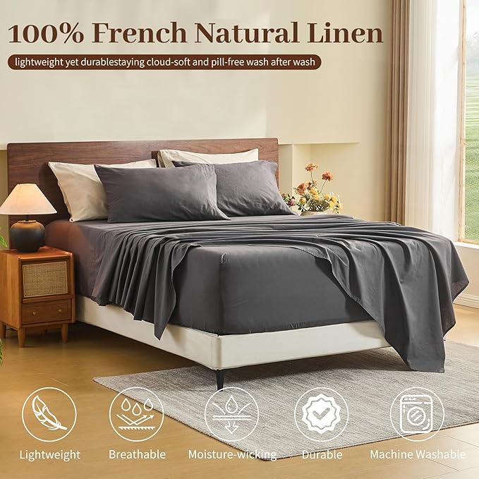 MEISHANG 100% French Pure Linen Sheets California King Size - Extra Deep Pocket Sheet Set, Soft Durable Flax Linen, Anti-Tear Breathable & Oeko-Tex Certified 18-24 Deep Pocket,All Season(Dark Grey)