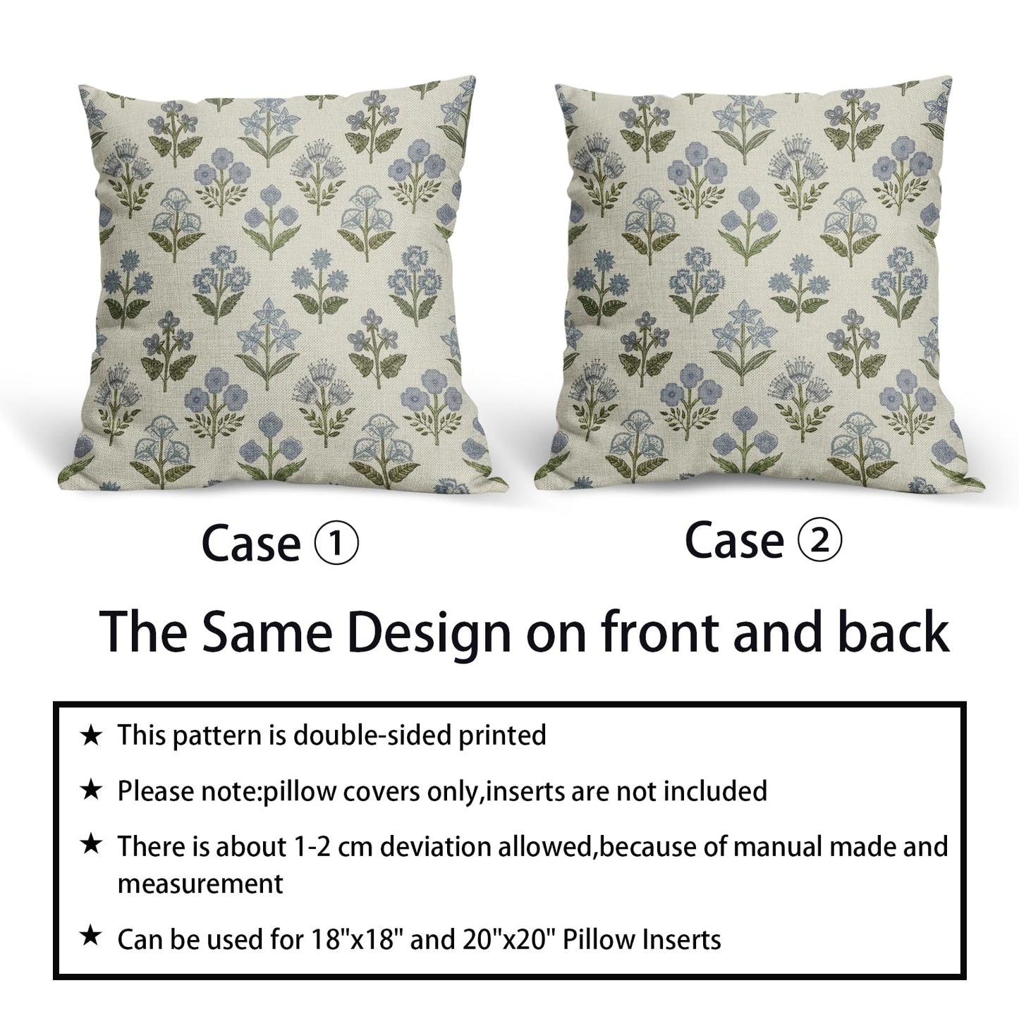 Sivirary Blue Green Block Print Floral Pillow Covers 18x18 Inch Set of 2