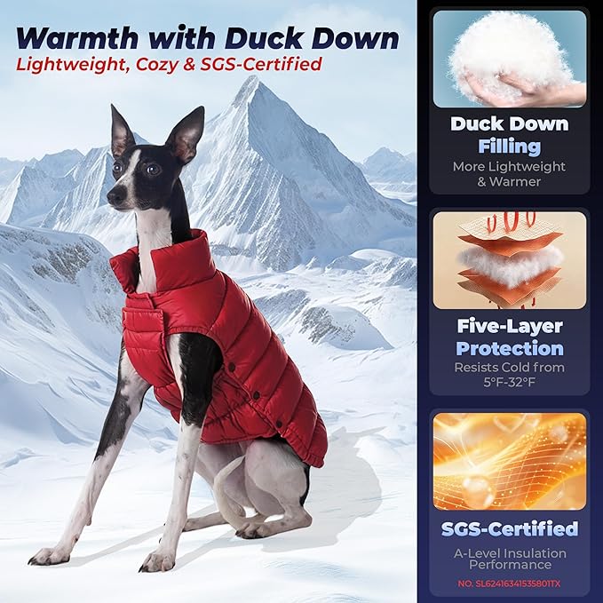SPACE LION Dog Puffer Jacket, Down Winter Coat, Durable Outdoor Coat for Cold and Windy Conditions, Lightweight & Adjustable Fit Coats for Medium Dogs, (Red, Size14/L)