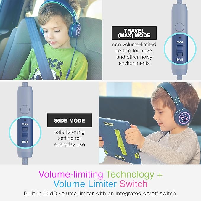 MEE audio KidJamz KJ55 Personalized USB-C Safe Listening Wired Headphones for Kids with Custom LED-Backlit Design, Volume Limiter, & Microphone for iPhone 15, iPad, & USB Type C Devices (Blue)