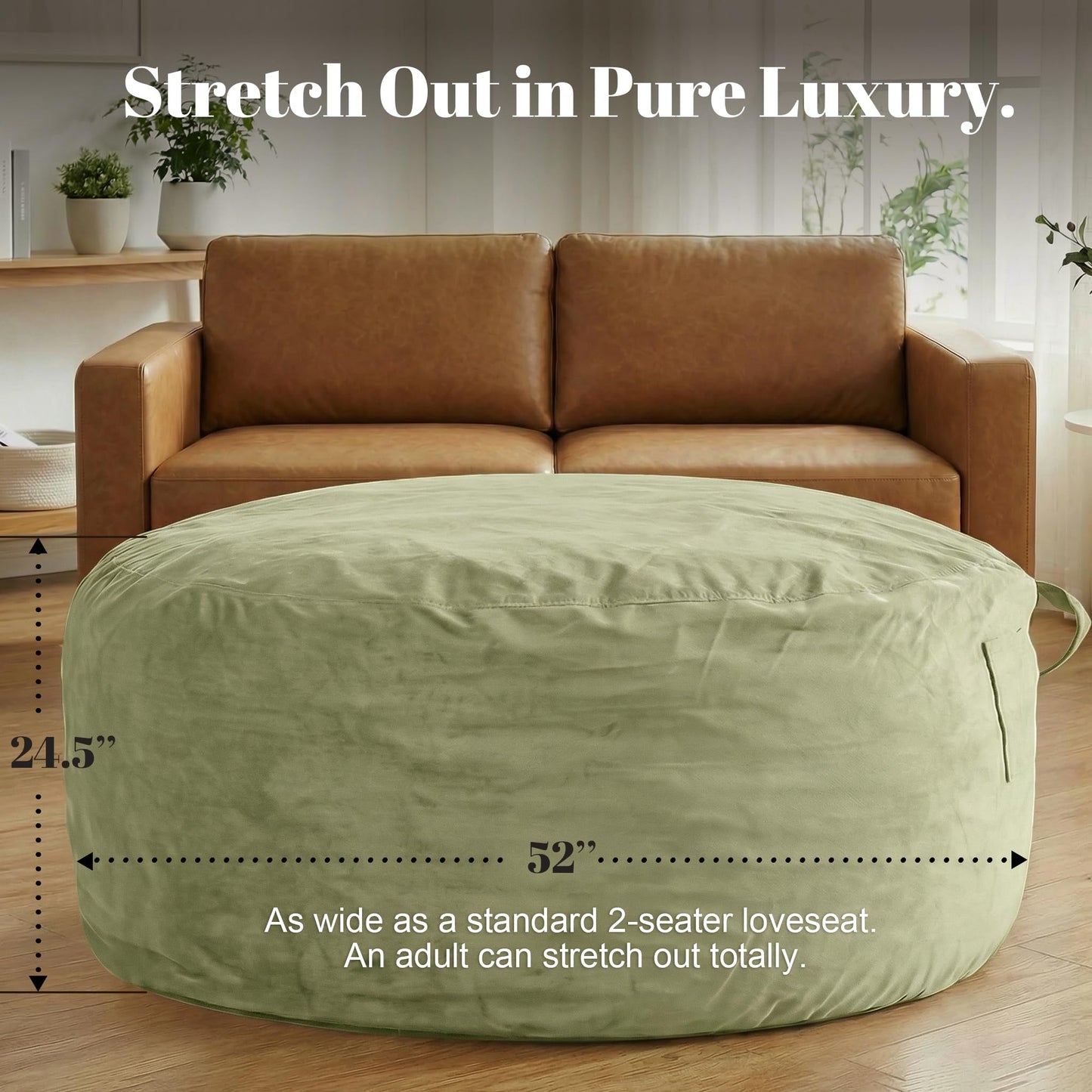 Codi Sage Oversized Bean Bag Chair for Adults, Comfy 5 Ft Beanbag Chairs with Filler Included - Machine Washable & Removable Cover, Premium Shredded Foam