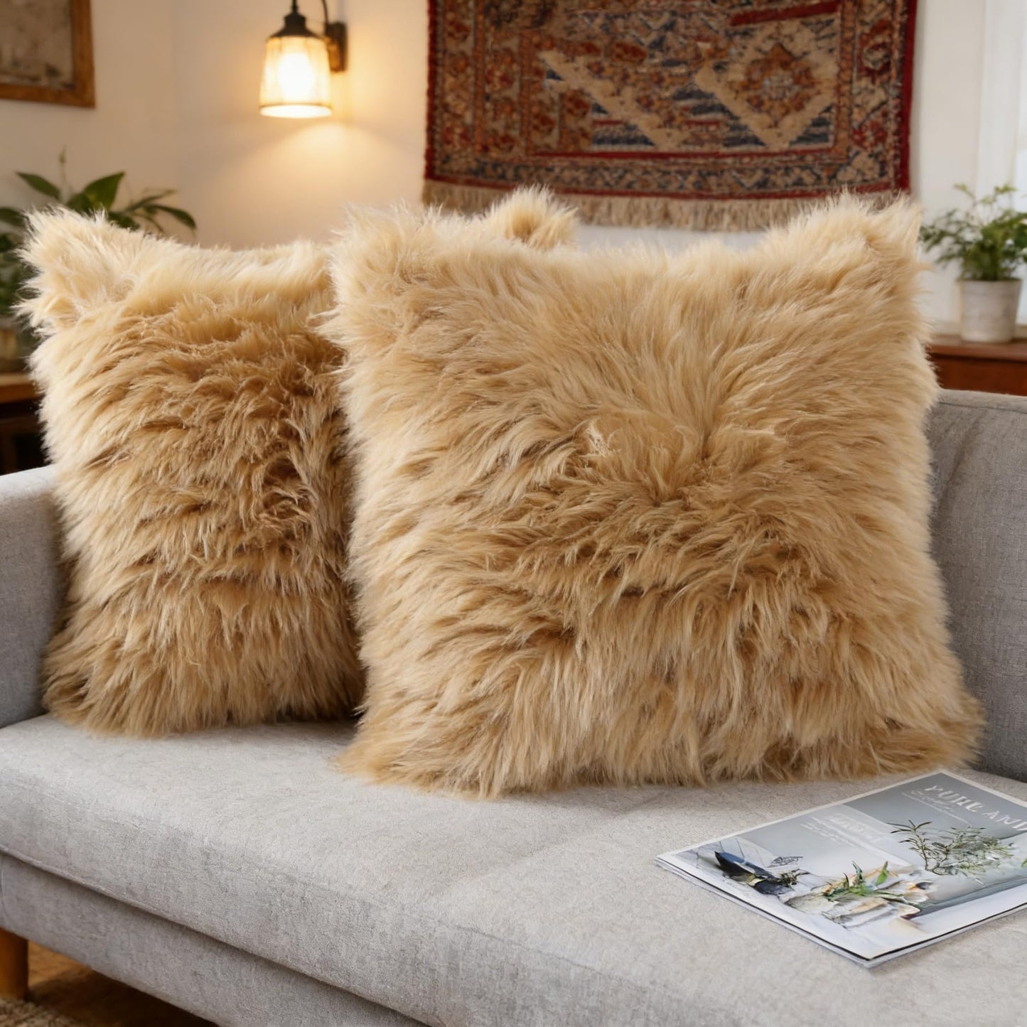 OYIMUA Fluffy Decorative Throw Pillow Covers Beige 20×20, Faux Fur Farmhouse Luxury Pillow Cases,Soft Plush Fuzzy Cushion Covers for Sofa Couch Living Room Bedroom Set of 2