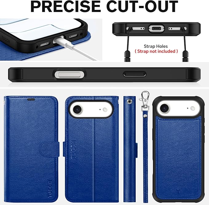 TUCCH 2-in-1 Detachable Wallet Case for iPhone Air (6.5-inch) 2025, RFID Blocking 4 Card Slot | Wireless Charging | Wrist Strap | Kickstand | Magnetic | PU Leather | Protective Cover | Klein Blue