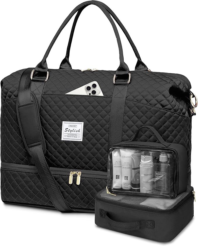Large Women Travel Duffle Bag - Carry on Overnight Bags Weekend Travel Duffel Tote with Wet Pocket Weekender for Travel Business Trips Sports Hospital Black 3 Pcs Set