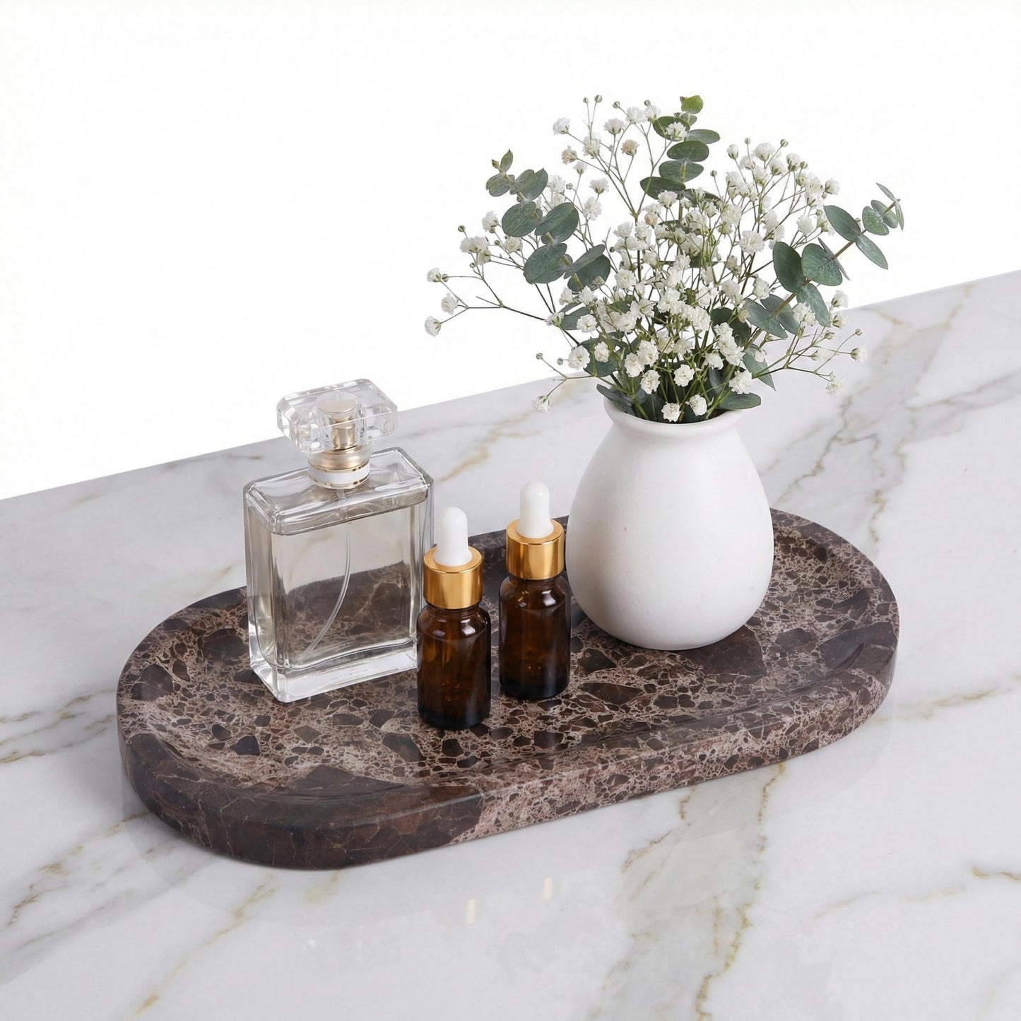 CasaCouture Dark Emperador Marble Vanity Tray for Bathroom Counter, 10"x5" Decorative Tray for Perfume, Candles, Stone Jewelry Dish Tray
