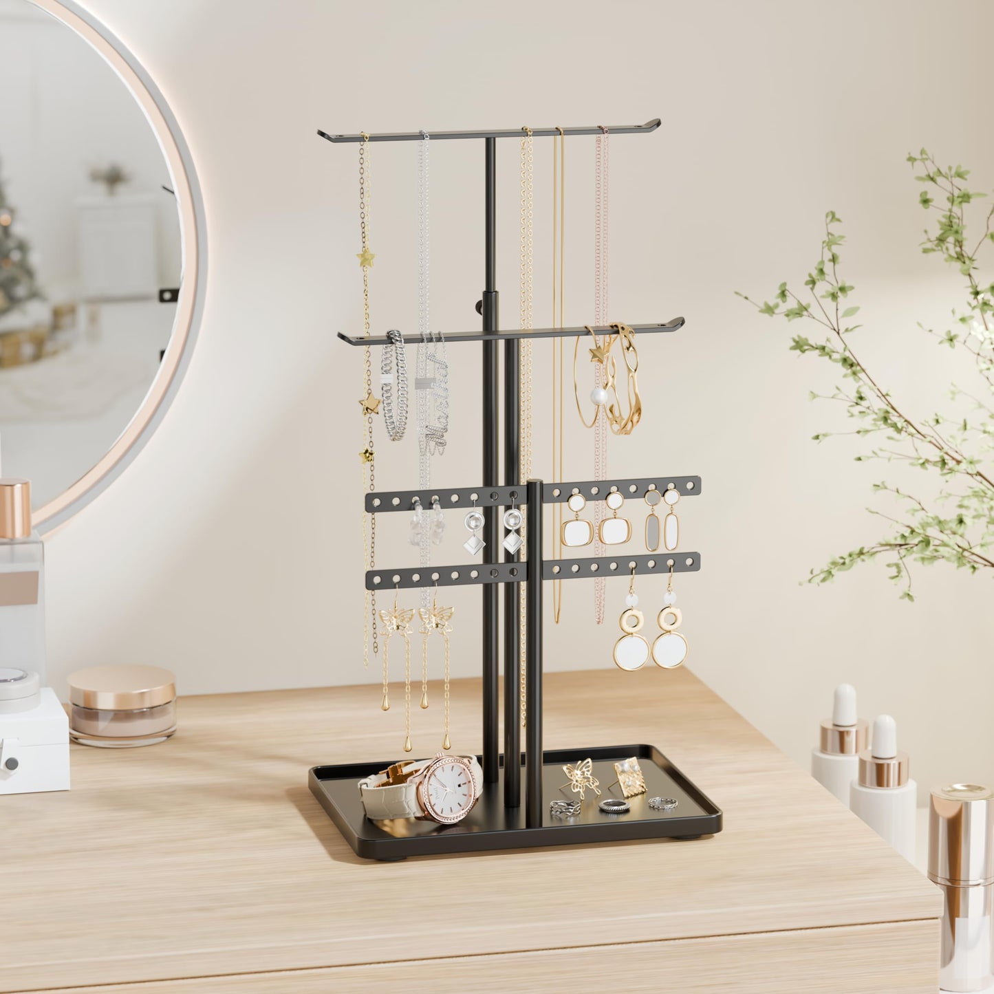 susswiff Jewelry Holder Organizer Stand - Adjustable Jewelry Tree 17.5" Height (Max), Jewlery Hanger for Necklaces, Bracelets, Earrings, Aesthetic for Storage and Display, Metal, Black