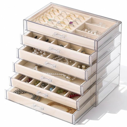 6 Drawer Clear Acrylic Jewelry Organizer with Velvet Lined Trays, Jewelry Box with Drawers for Earrings, Rings, Necklaces, Brooch, Bracelets, Watches, Stackable Storage Organizer for Women, Gift Ready