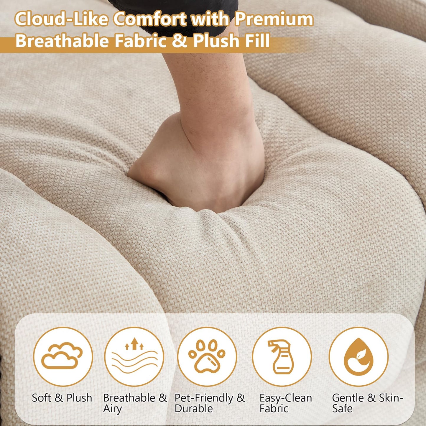 ANJ Manual Recliner Sofa,Chenille Fabric Reclining 3-Seat Living Room Furniture Sets with Cup Holders,Side Pocket,Wall-Hugger Design for Living Room Home Theater Bedroom RV,Beige
