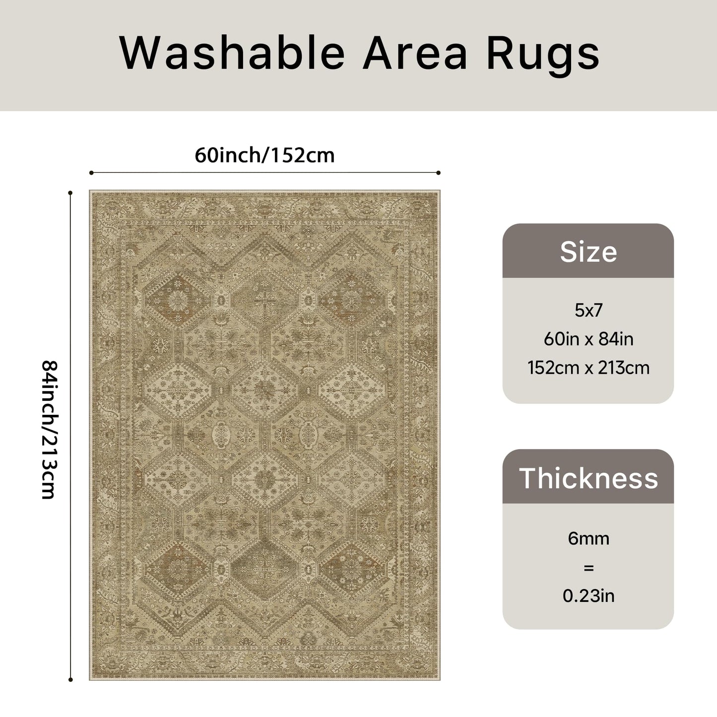 Bavni 5x7 Area Rugs for Living Room, Machine Washable Rug Non Slip, Vintage Chenille Distressed Print Carpet, Large Low Pile Ultra-Thin Lightweight Rugs for Bedroom, Dining Room, Office, Nut Brown