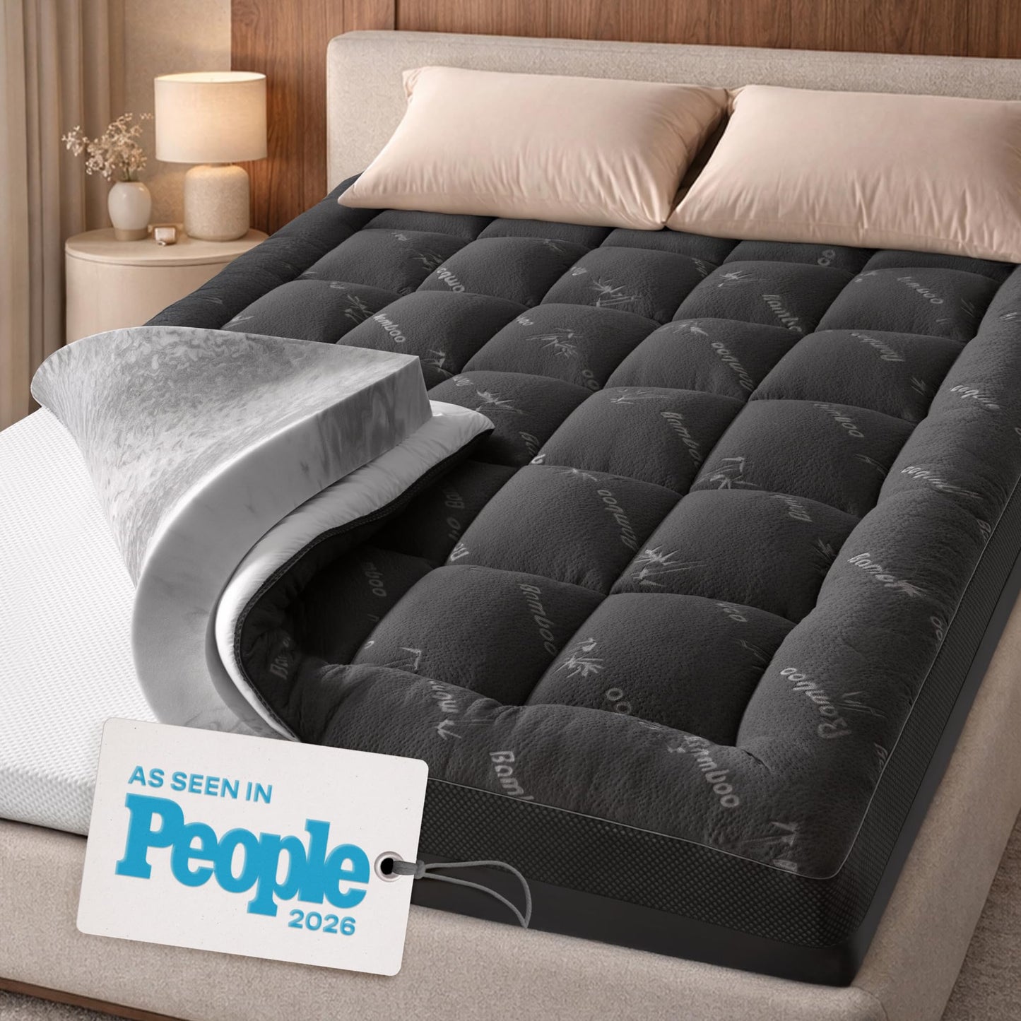 Dual-Layer 4 Inch Queen Size Mattress Topper - 2” Memory Foam + 2” Viscose Made from Bamboo Mattress Pad - Double the Comfort & Back Support - Removable & Machine-Washable Cover, Dark Gray