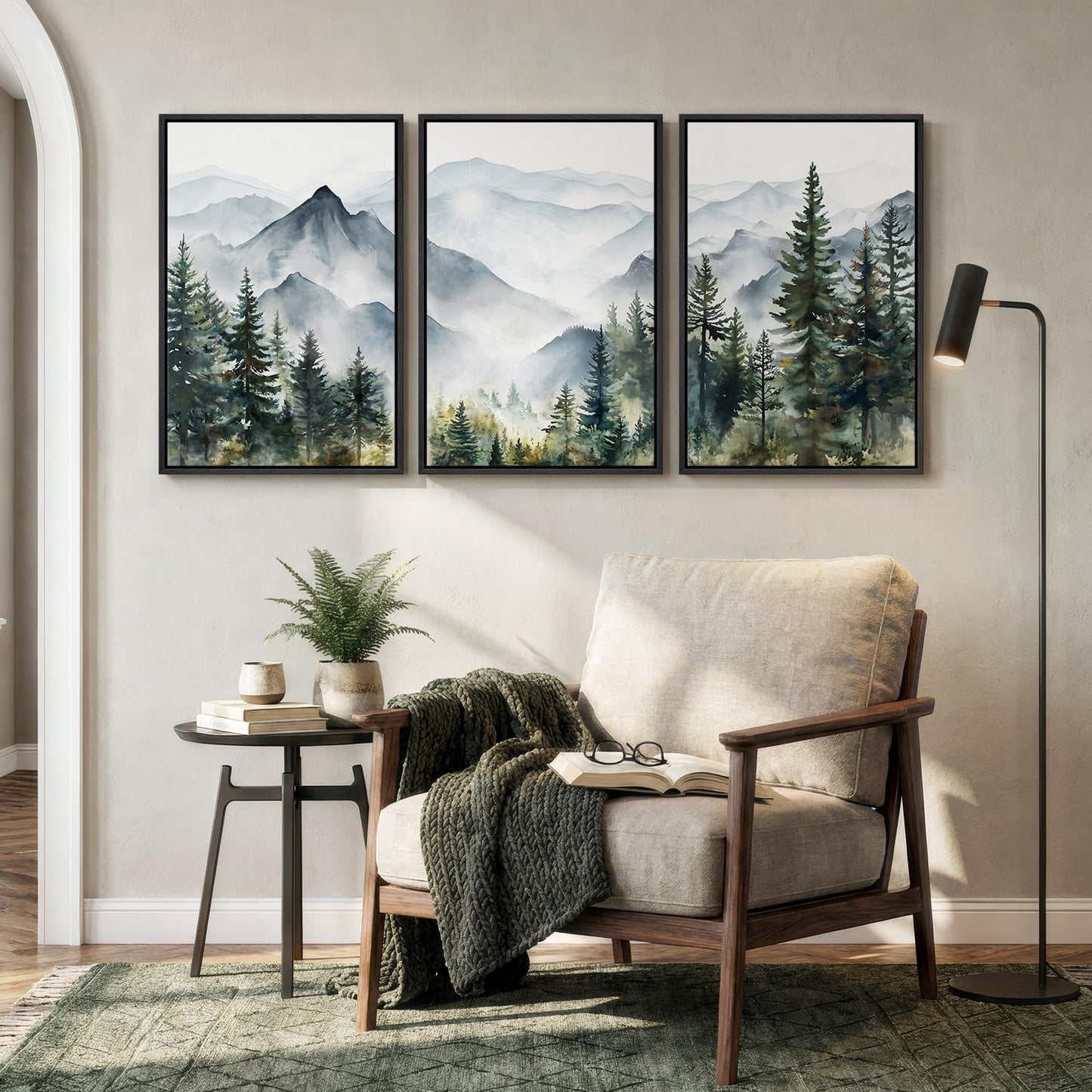 Framed Mountain Landscape Wall Art Bedroom, 3 Piece Nature Foggy Forest Canvas Print Artwork for Walls, Scenic Pine Tree Paintings Pictures Wall Art Decor for Living Room Hallway, 16x24 Inch