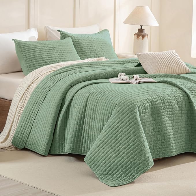 Sanracie Stonewashed Oversized King Quilt(120"x120"), Cotton Green Cross Stitch Pattern California King Quilt Sets 3Pcs Ultra Soft Breathable Crinkle Bed Coverlet Set for All Season