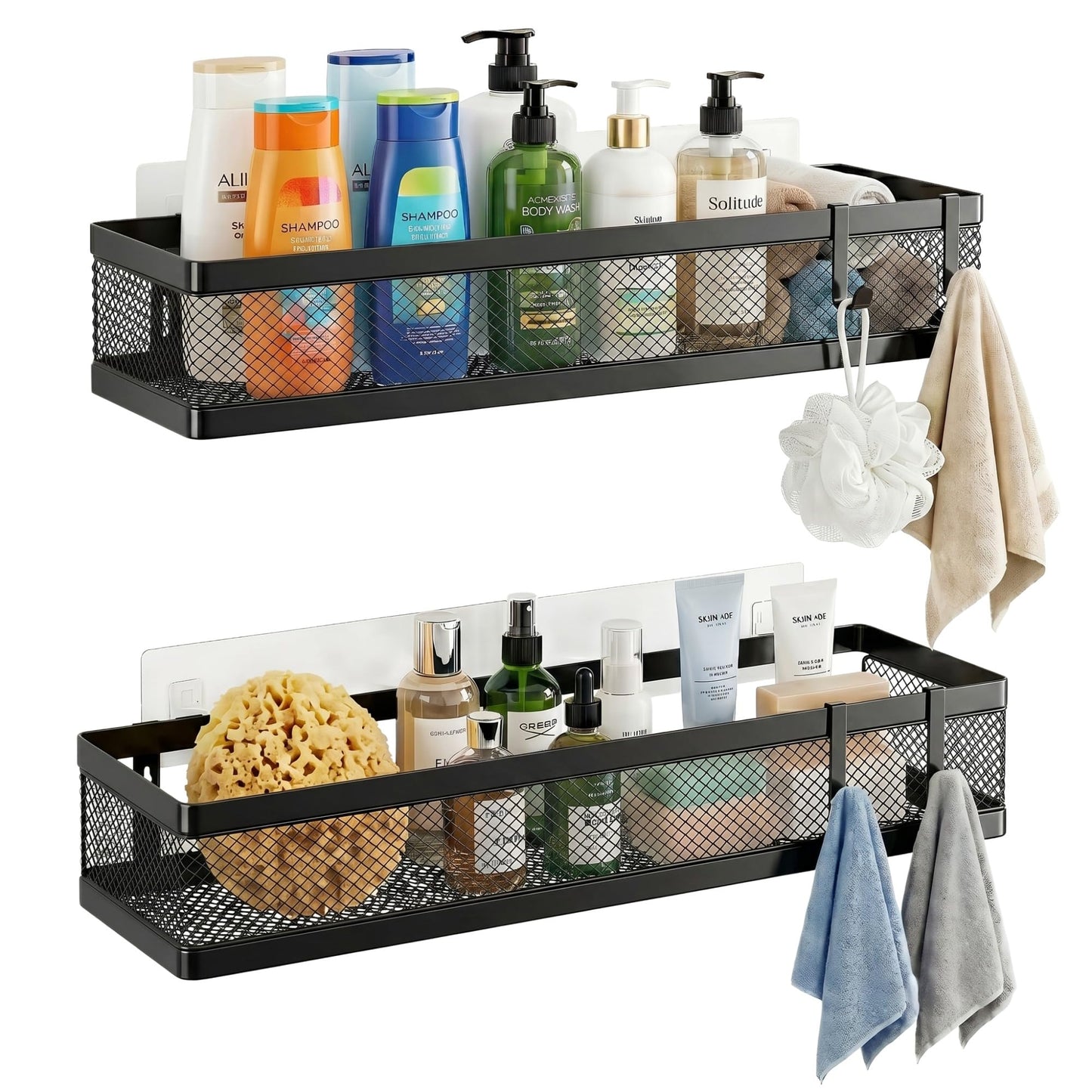 PUSDON 16.5-Inch Extra Long Slim Mesh Shower Caddy, Wall Mounted Bathroom Organizer with Adhesive, Heavy Duty Rustproof Shelf for Narrow Kitchen Pantry & RV, Holds 50 LBS 2-Pack - Matte Black Netting