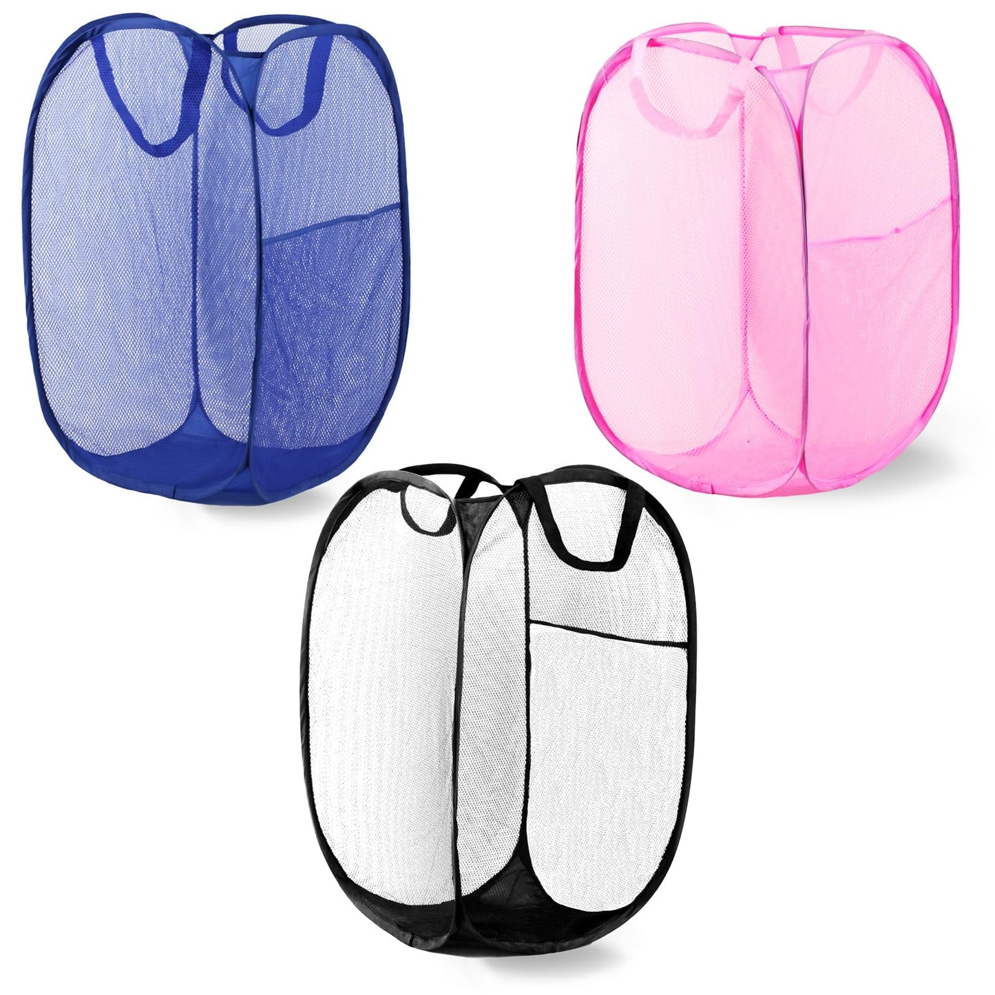 LXLOVESM Pop Up Laundry Hamper, Mesh Laundry Basket Collapsible, Foldable Hamper for Travel and Storage, 3 Pack (Black+Pink+Blue)