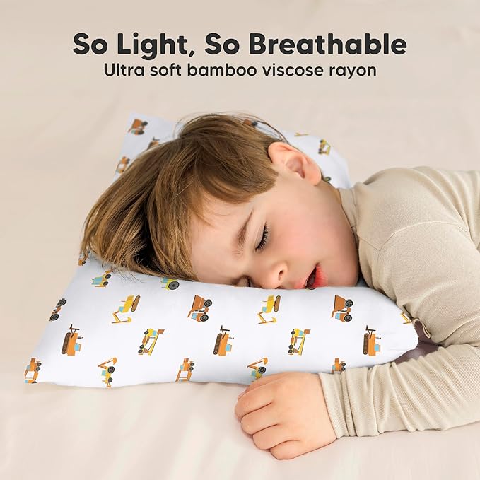 Toddler Pillow with Pillowcase - 13x18 My Little Cuddly Pillow, Viscose Derived From Bamboo Nursery Toddler Pillows for Sleeping,Kids Pillow,Small Travel Pillows,Mini Toddler Bed Pillow (Construction)