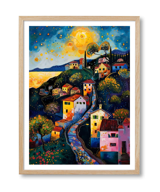 HesenDot Night Village Framed Wall Art,12x16in Natural OAK Wood