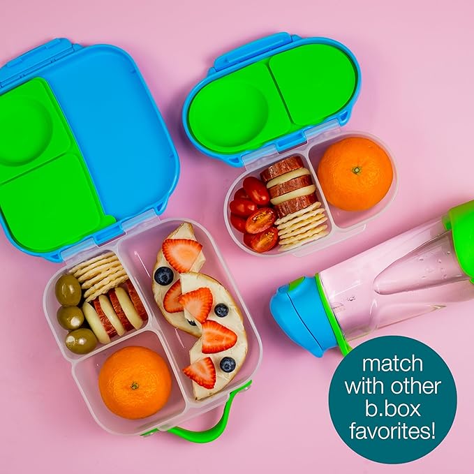 b.box Snack Box 2 Pack - Leak Proof Mini Bento Box for Kids & Toddlers, 2 Compartment Snack Containers for Kids, Dishwasher Safe, BPA Free, PFAS Free, Ages 4m+, 1 3/4 Cup Each (Strawberry + Indigo)