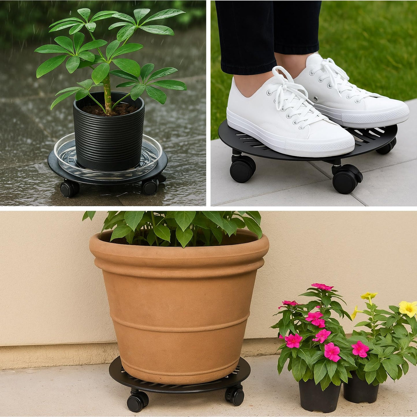 4 Packs Large Metal Plant Caddy with 3 PU Wheels 12" Heavy-Duty Wrought Iron Rolling Plant Stands Indoor Outdoor Wheeled Plant Dolly Planter Mover Rollers Plant Trolley Cart, Plant Saucers Included