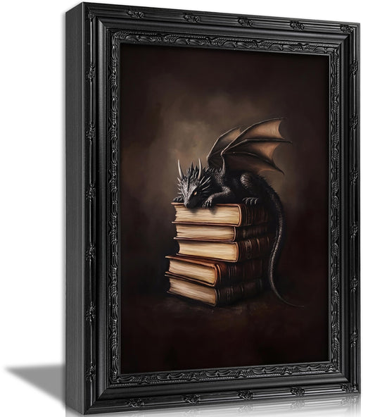 Black Framed Book Dragon Canvas Wall Art, Dark Academia Vintage Books Print Wall Decor, Gothic Reading Nook Decor Black Dragon print Picture for Study Room Bedroom Library Artwork