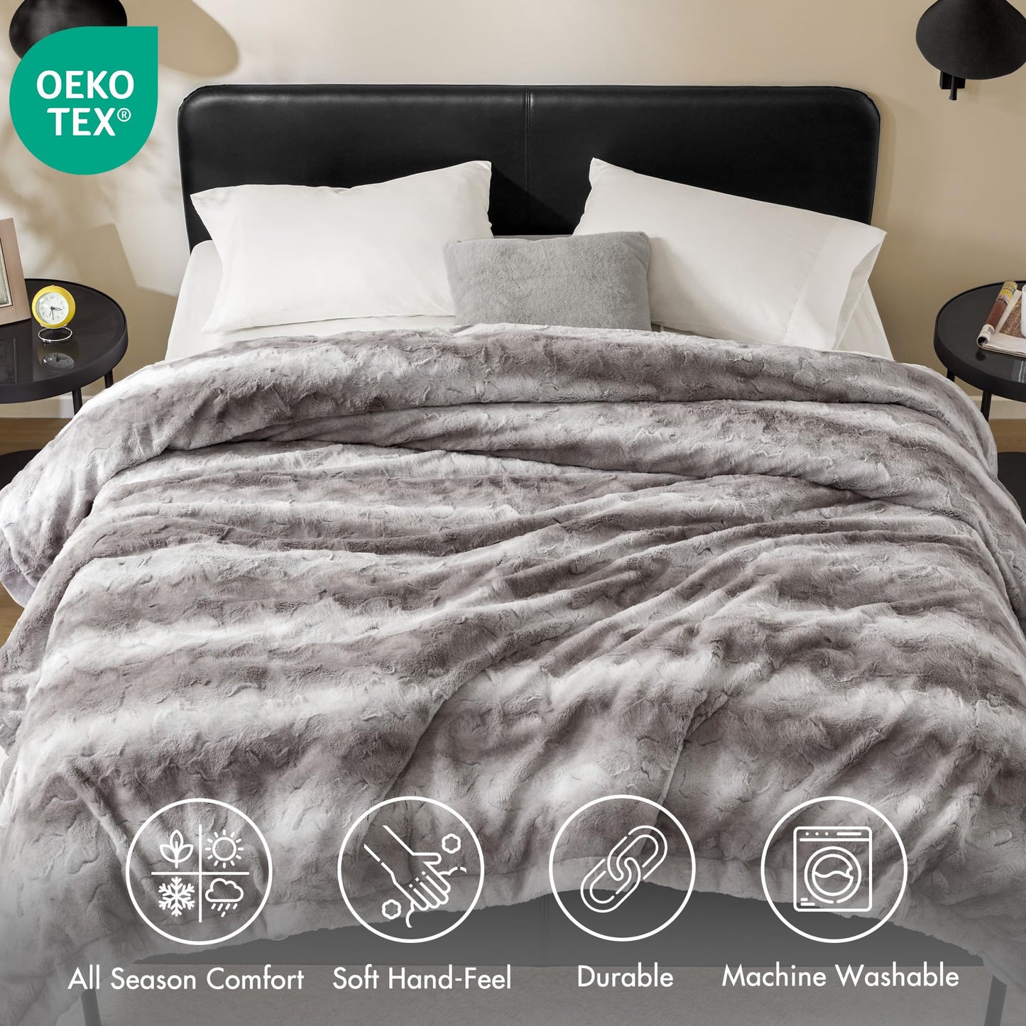 Madison Park Ultra-Soft Poly Fur Blanket Queen Size, Reversible Plush, All Season & Lightweight Queen Fuzzy Blanket for Bed, Couch & Sofa, Zuri, Full/Queen Grey