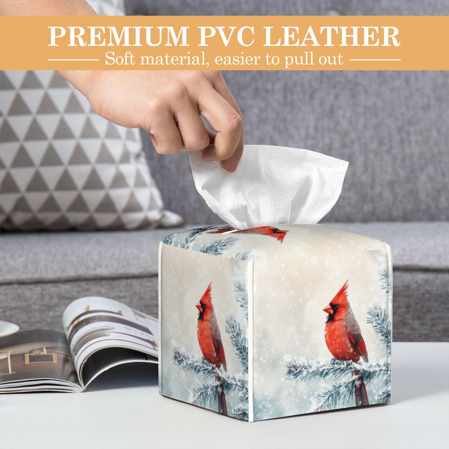 Leather Tissue Box Holder Winter Cardinal Bird Tissue Box Cover Square Waterproof Holder Organizer Modern Napkin Holder for Bedroom Dresser Night Stand Office Desk