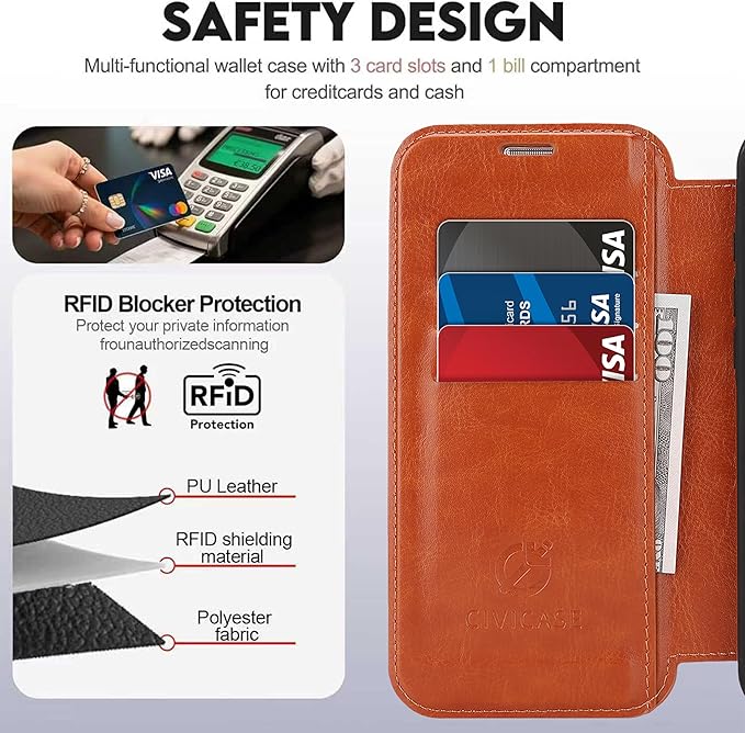 CIVICASE for iPhone 15 Pro Wallet Case with Stand,PU Leather Flip Credit Card Holder Slots (RFID Blocking),Compatible with Magsafe Magnetic Holder Phone Cover Women Men,Brown