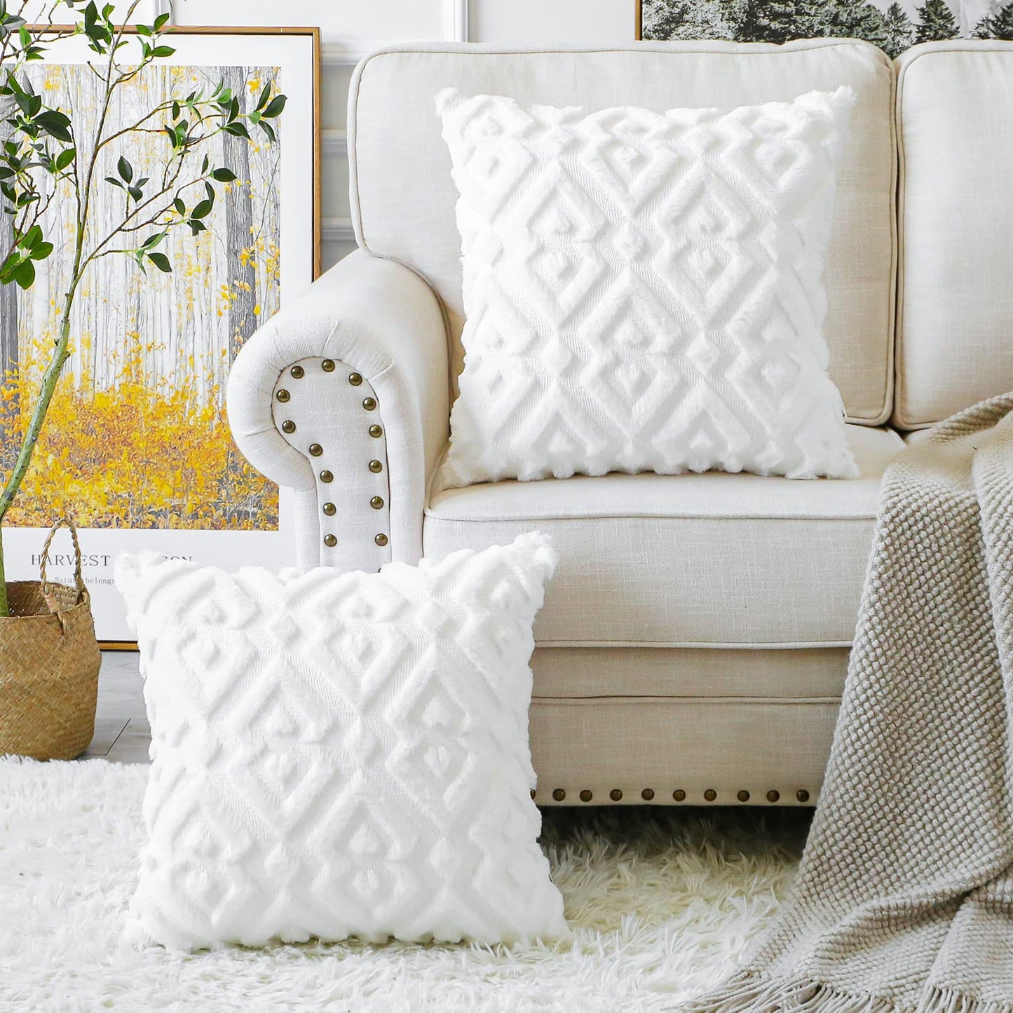 Artscope Pack of 2 Soft Plush Short Wool Velvet Decorative Throw Pillow Covers Luxury Style Cushion Covers European Pillow Shell for Sofa Bedroom Diamond Shape Pure White, 12x12 Inch