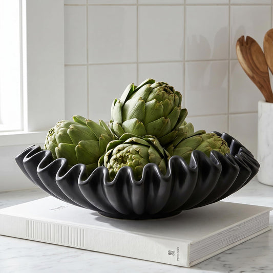 FESTGLOX Black Decorative Bowl, Decorative Fruit Bowls for Kitchen Counter, Resin Ruffled Bowls for Living Room, Modern Key Bowl for Entryway, Coffee Table Centerpiece