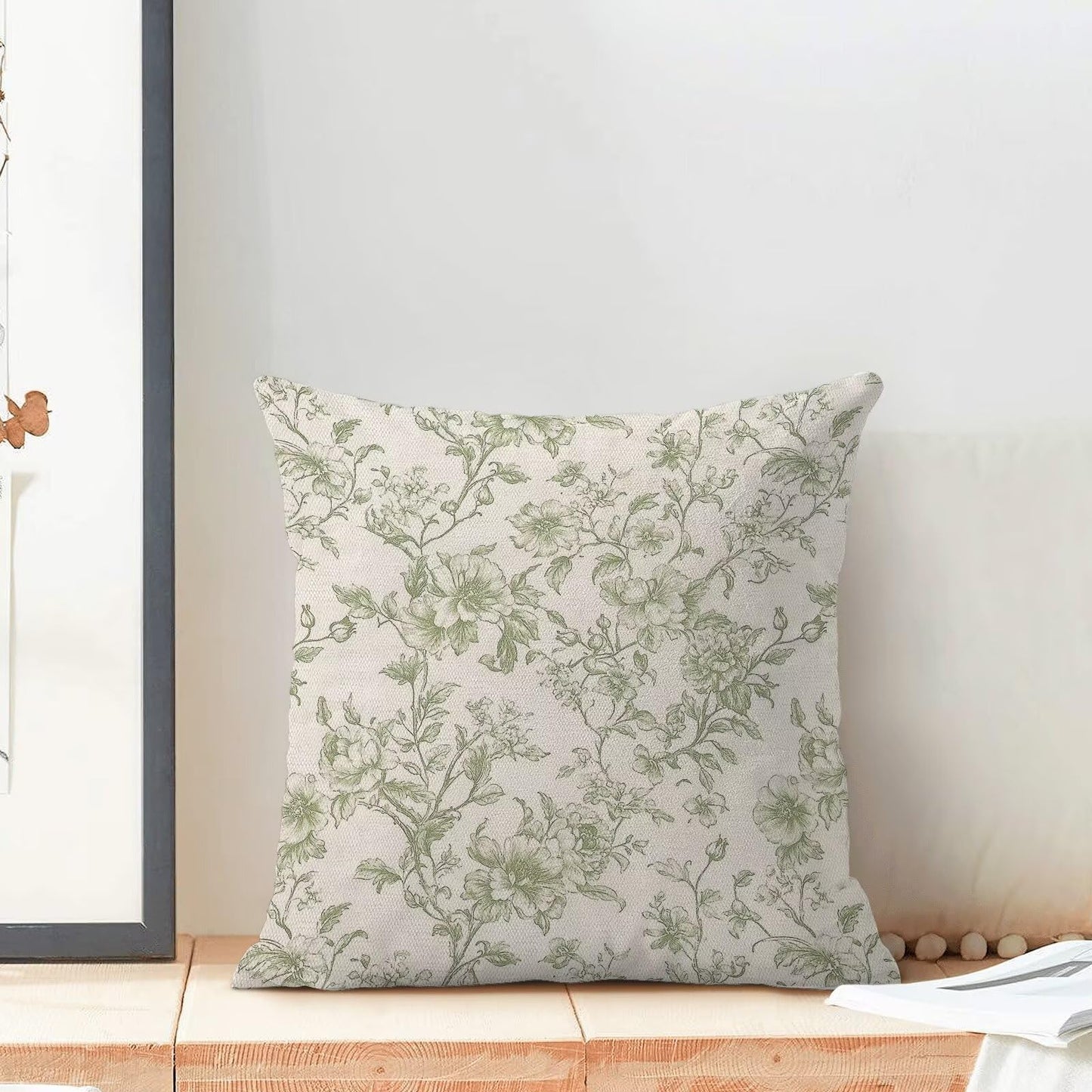 Chinoiserie Sage Green Floral Pillow Covers 18x18 Inch Set of 2, Neutral Seasonal Print Outdoor Decorative Spring Flower Throw Pillows Rustic Flower Couch Cushion Case for Chair Sofa Bedroom