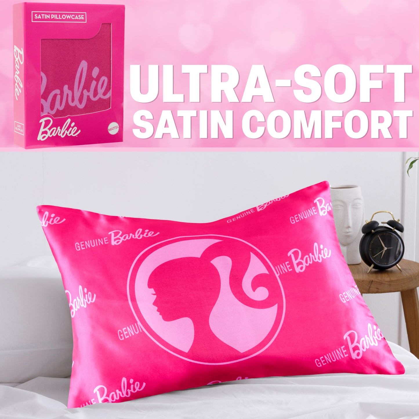 Get Trend Barbie Silky Satin Pillowcase 19x26in, Officially Licensed Smooth Soft Glossy Zipped Pillow Covers for Hair and Skin Beauty, Gifts for Girls, Teens (Pink Barbie)