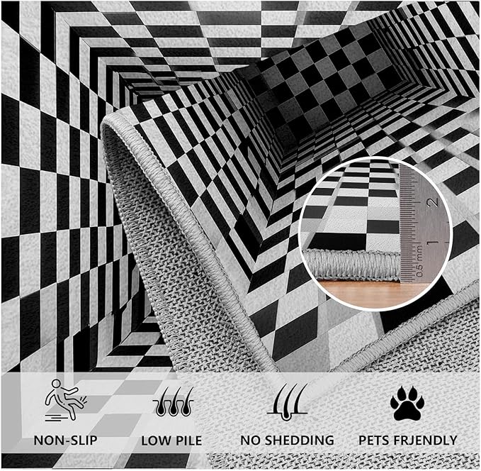 Optical Illusion Rug - Black and White Rug for Living Room, Soft Ultra Soft Faux Wool 6x9 Area Rugs Floor Mats, Non Slip&Non-Shedding Low Pile Checkered Washable Rugs, Abstract Geometric Carpet