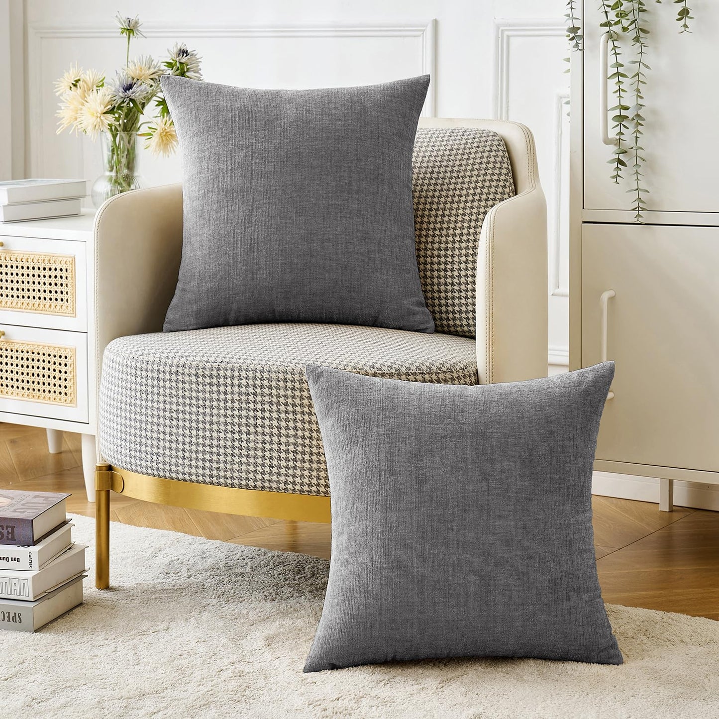 MIULEE Pack of 2 Couch Throw Pillow Covers 18x18 Inch Soft Dark Gray Chenille Pillow Covers for Sofa Living Room Solid Dyed Pillow Cases