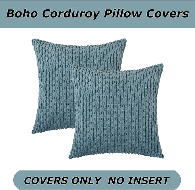 Kevin Textile Throw Pillow Covers Soft Corduroy Decorative Set of 2 Boho Striped Pillow Covers Pillowcases Farmhouse Home Decor for Couch Bed Sofa Living Room 20x20 Inch Blue Grey