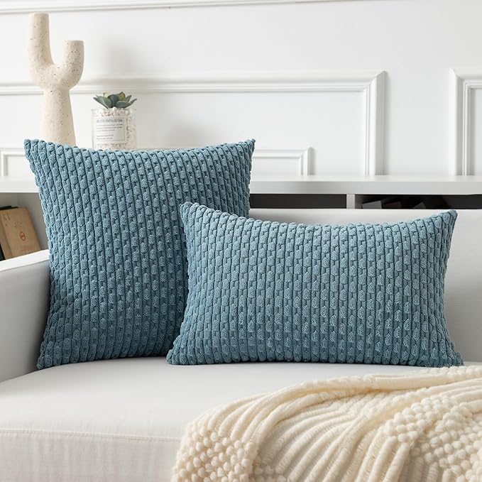 Kevin Textile Throw Pillow Covers Soft Corduroy Decorative Set of 2 Boho Striped Pillow Covers Pillowcases Farmhouse Home Decor for Couch Bed Sofa Living Room 22x22 Inch Blue Grey