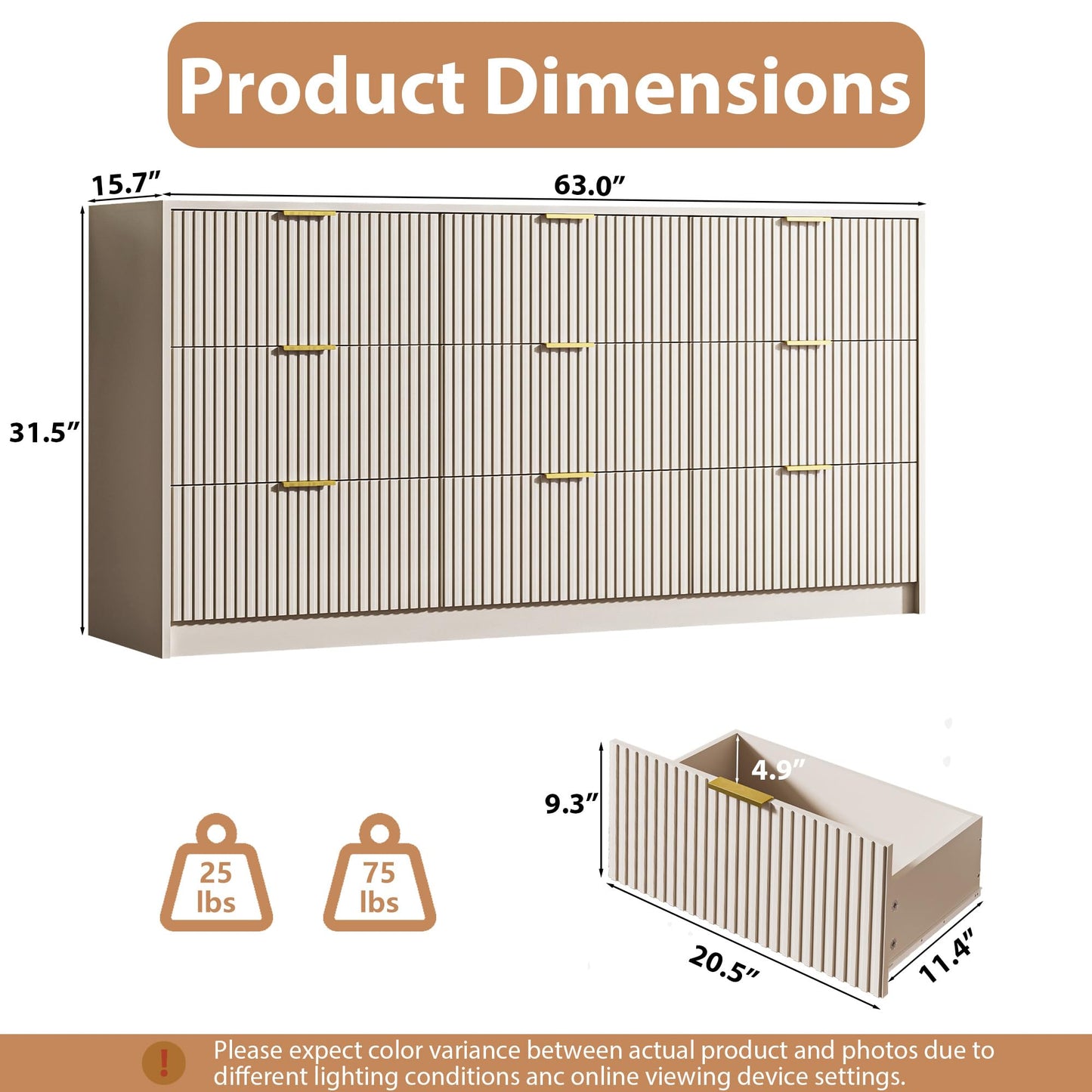 MAISONARIA 3-Piece Dresser Bedroom Set, 9 Drawer Dresser & 3 Drawer Nightstands with Gold Handles, Fluted Wood Chest of Drawers for Bedroom, Living Room, Entryway, Beige